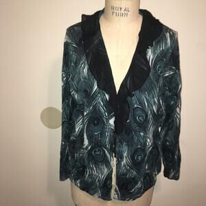 Anne Klein Peacock Print Silk-Cotton-Nylon Ruffle Neck Cardigan Sweater 0X NWT